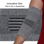 Gray elbow sleeve with textured pattern on a white background, featuring text 'Innovative Yarn' and attributes.