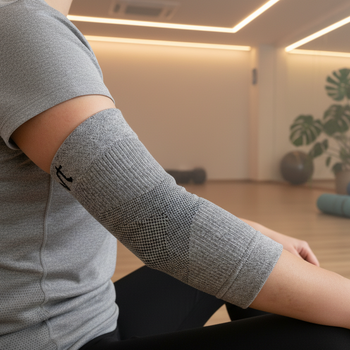 Person wearing a gray arm sleeve in a yoga studio setting