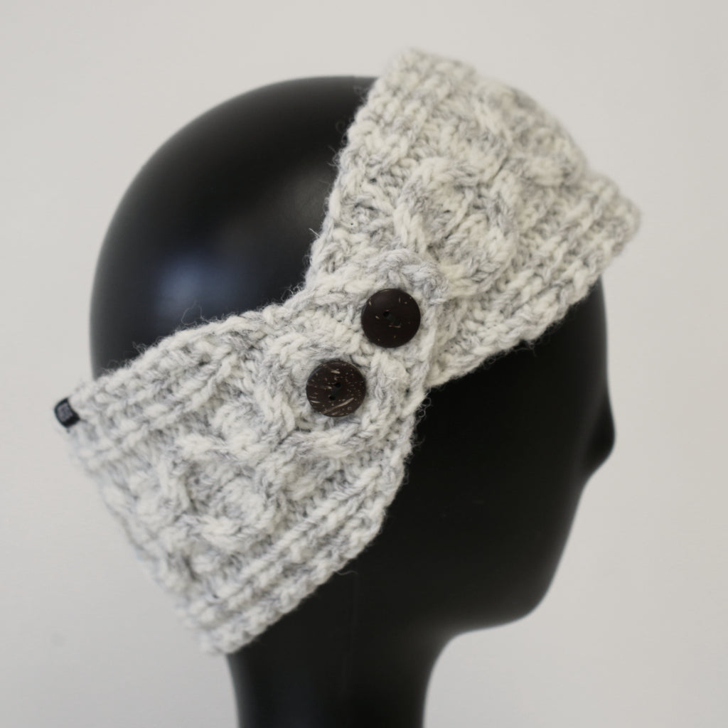 Infrared Knit Lined Wool Headband with Buttons - Striped White and Grey 